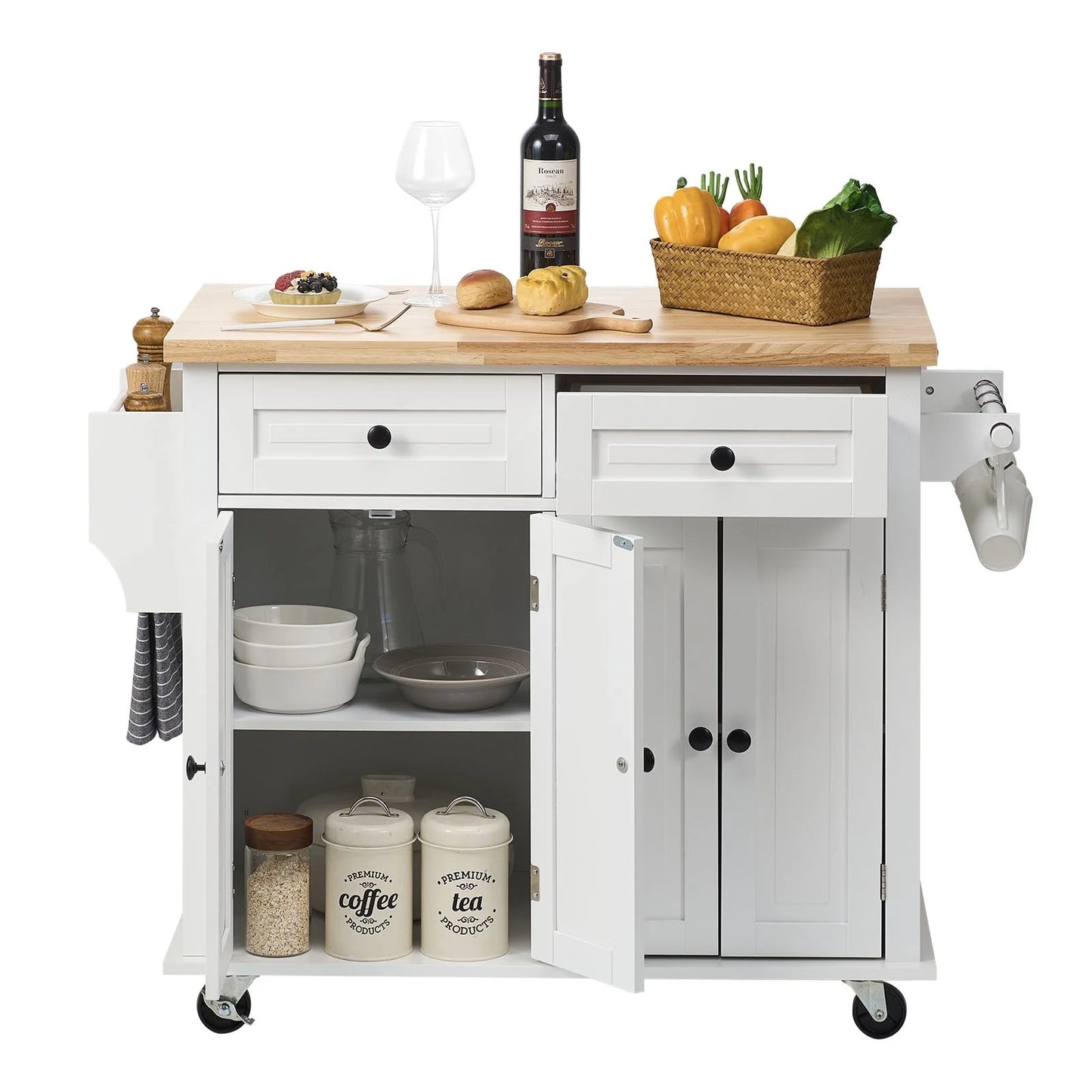 VEVOR Mobile Kitchen Island Cart with Solid Wood Top, 35.4" Width, Storage Cabinet, Spice Rack, Towel Rack, and Drawer, Portable Rolling Kitchen Table, White