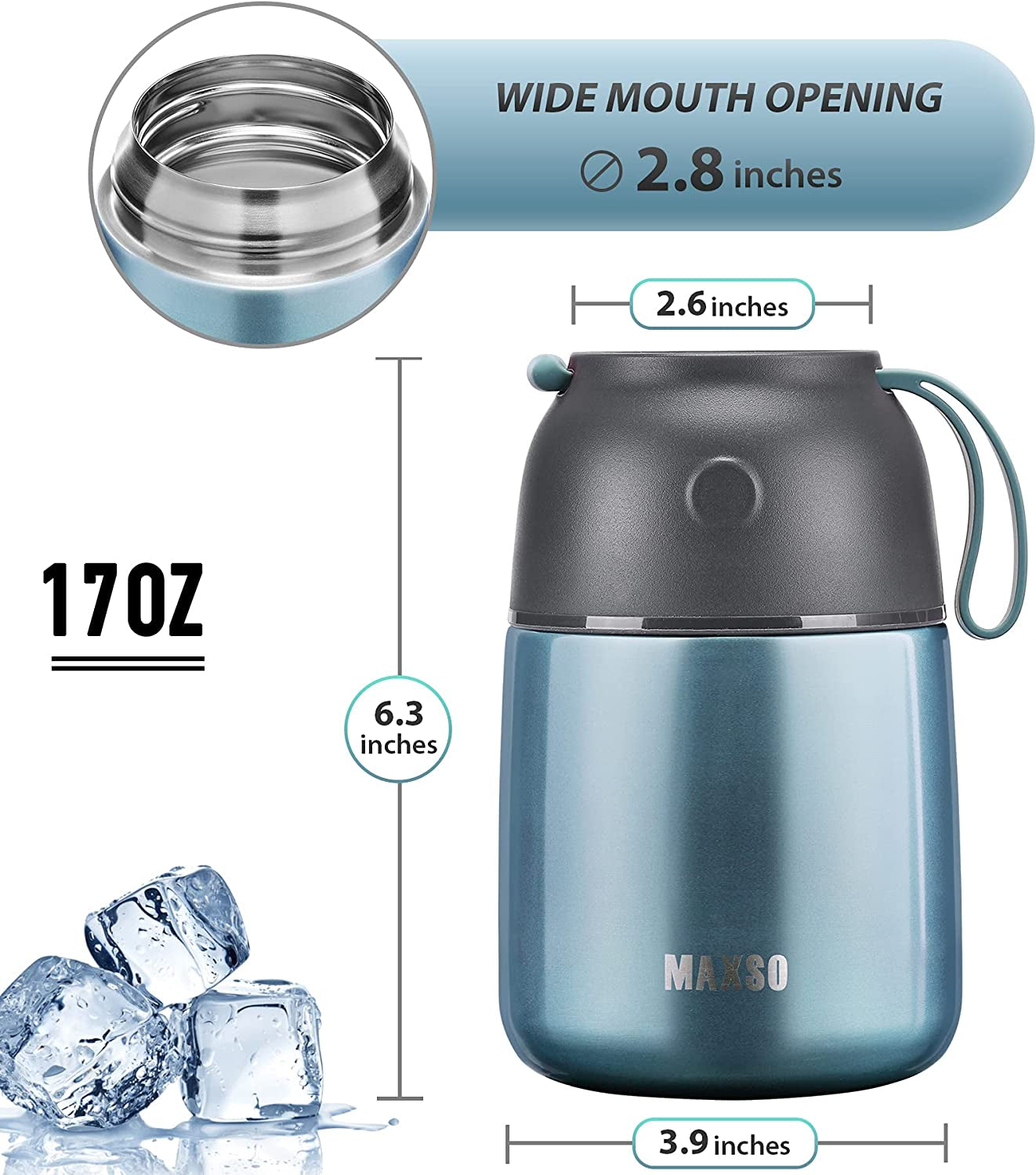 Light Blue Insulated Thermo Food Jar - 17 Oz Stainless Steel Container for Hot & Cold Meals, Perfect for Kids & Adults with Spoon Included