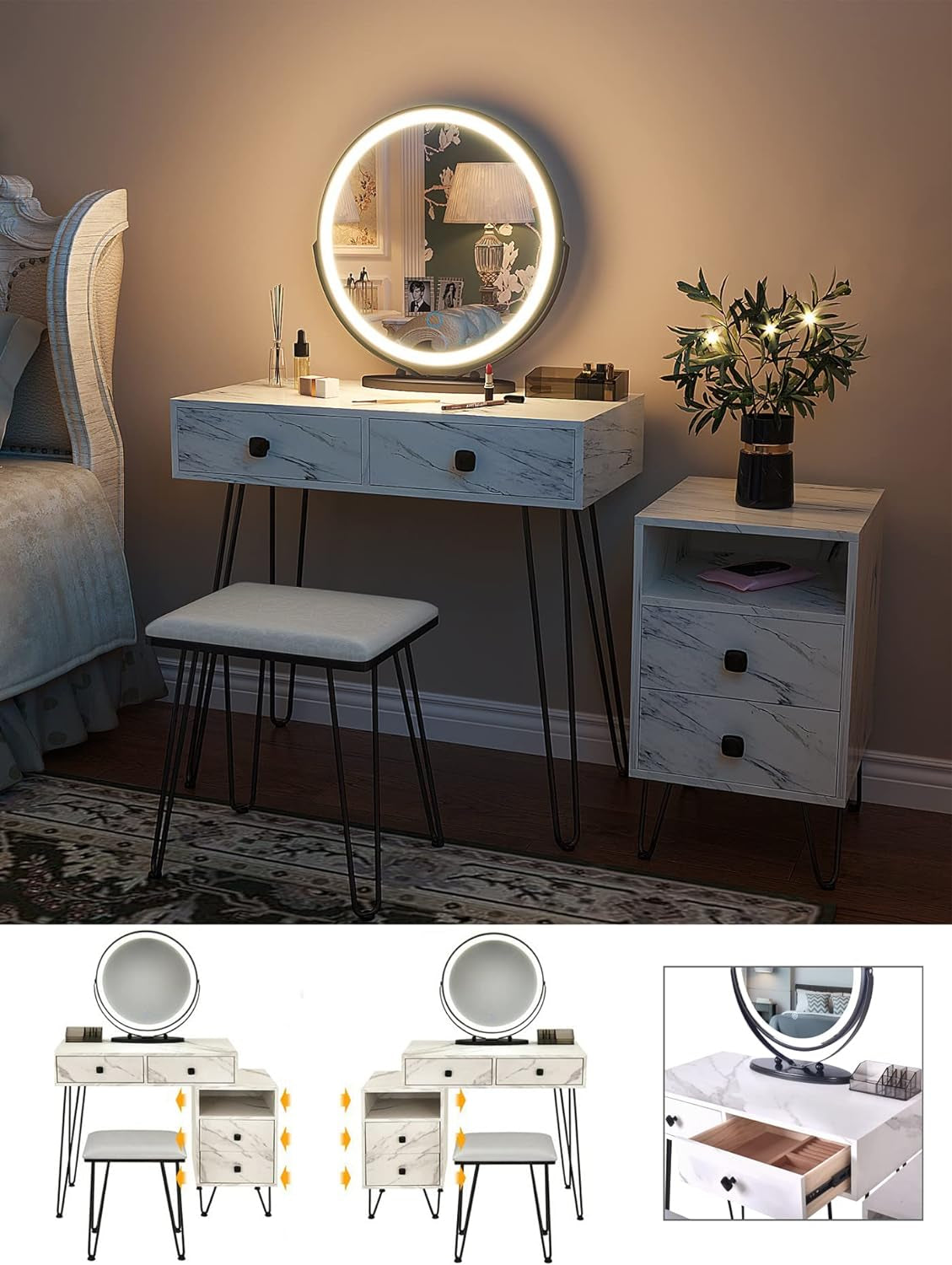 Elegant White Makeup Vanity Set with Lights, Stool, and Drawers - Perfect Dressing Table for Your Bedroom