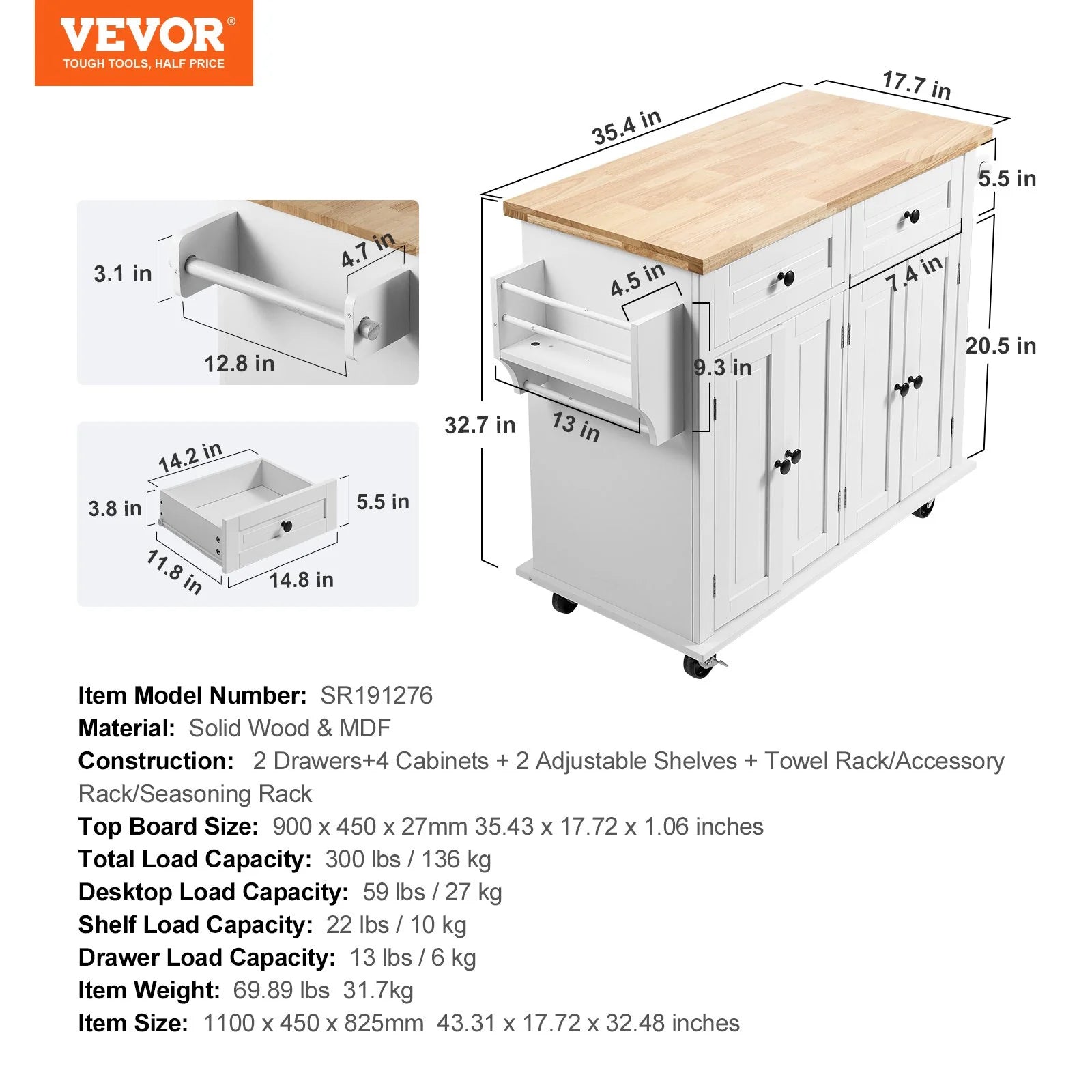 VEVOR Mobile Kitchen Island Cart with Solid Wood Top, 35.4" Width, Storage Cabinet, Spice Rack, Towel Rack, and Drawer, Portable Rolling Kitchen Table, White
