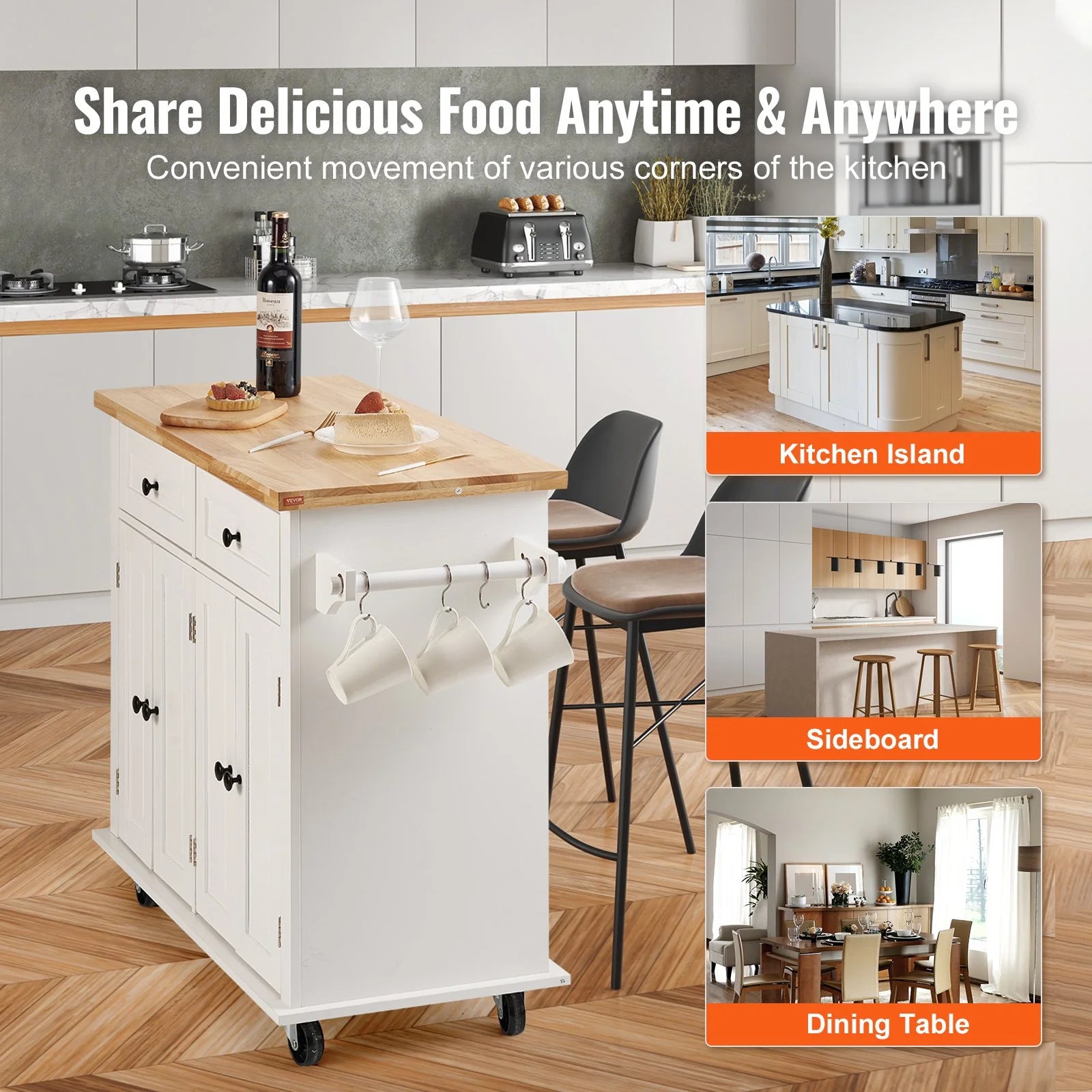 VEVOR Mobile Kitchen Island Cart with Solid Wood Top, 35.4" Width, Storage Cabinet, Spice Rack, Towel Rack, and Drawer, Portable Rolling Kitchen Table, White