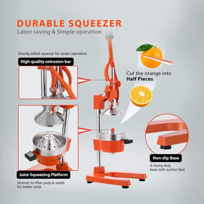 Professional Grade Manual Citrus Juicer - Heavy Duty Orange & Lemon Squeezer Machine