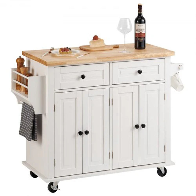 VEVOR Mobile Kitchen Island Cart with Solid Wood Top, 35.4" Width, Storage Cabinet, Spice Rack, Towel Rack, and Drawer, Portable Rolling Kitchen Table, White
