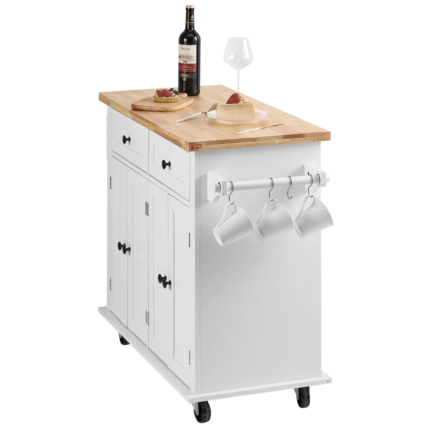 VEVOR Mobile Kitchen Island Cart with Solid Wood Top, 35.4" Width, Storage Cabinet, Spice Rack, Towel Rack, and Drawer, Portable Rolling Kitchen Table, White