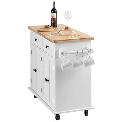 VEVOR Mobile Kitchen Island Cart with Solid Wood Top, 35.4" Width, Storage Cabinet, Spice Rack, Towel Rack, and Drawer, Portable Rolling Kitchen Table, White