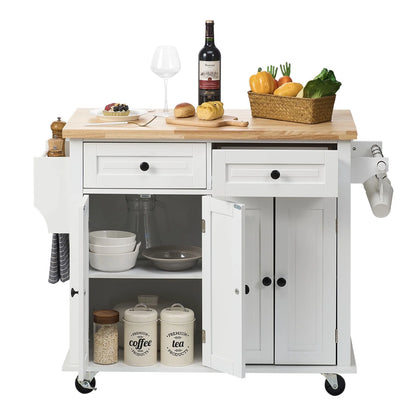 VEVOR Mobile Kitchen Island Cart with Solid Wood Top, 35.4" Width, Storage Cabinet, Spice Rack, Towel Rack, and Drawer, Portable Rolling Kitchen Table, White