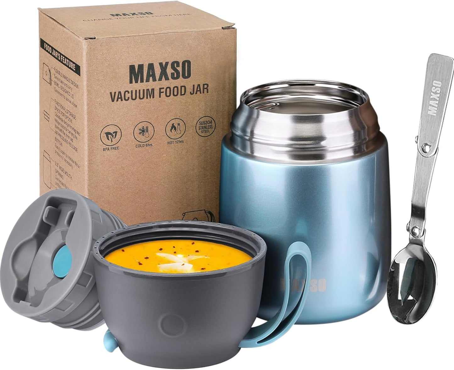 Light Blue Insulated Thermo Food Jar - 17 Oz Stainless Steel Container for Hot & Cold Meals, Perfect for Kids & Adults with Spoon Included