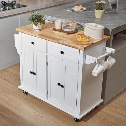 VEVOR Mobile Kitchen Island Cart with Solid Wood Top, 35.4" Width, Storage Cabinet, Spice Rack, Towel Rack, and Drawer, Portable Rolling Kitchen Table, White