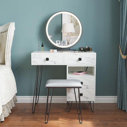 Elegant White Makeup Vanity Set with Lights, Stool, and Drawers - Perfect Dressing Table for Your Bedroom