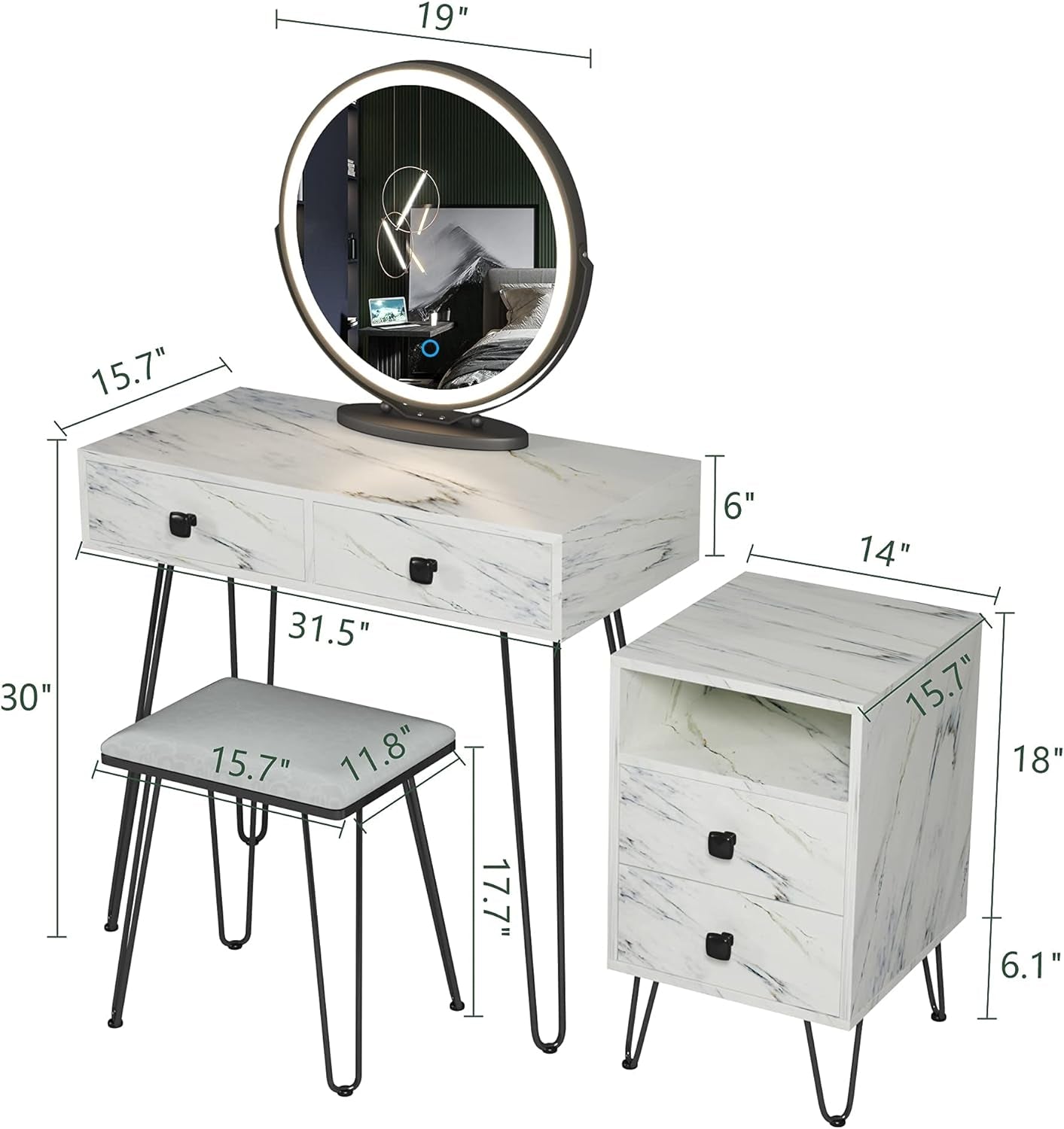 Elegant White Makeup Vanity Set with Lights, Stool, and Drawers - Perfect Dressing Table for Your Bedroom