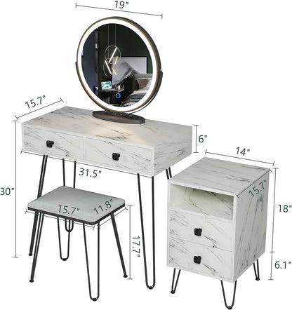 Elegant White Makeup Vanity Set with Lights, Stool, and Drawers - Perfect Dressing Table for Your Bedroom
