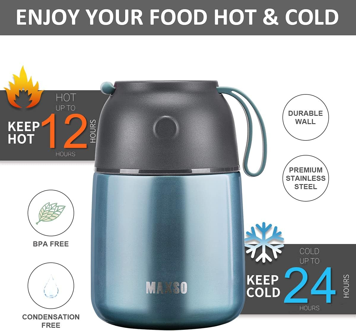 Light Blue Insulated Thermo Food Jar - 17 Oz Stainless Steel Container for Hot & Cold Meals, Perfect for Kids & Adults with Spoon Included