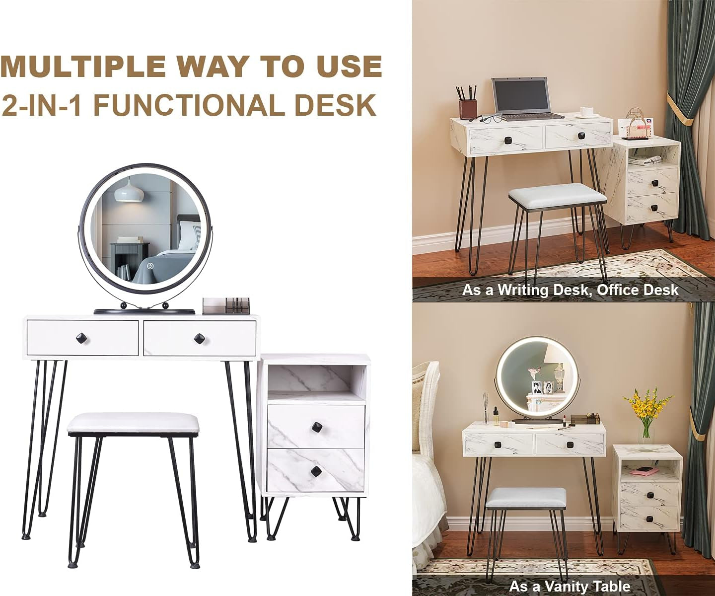 Elegant White Makeup Vanity Set with Lights, Stool, and Drawers - Perfect Dressing Table for Your Bedroom