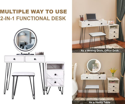 Elegant White Makeup Vanity Set with Lights, Stool, and Drawers - Perfect Dressing Table for Your Bedroom