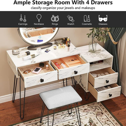 Elegant White Makeup Vanity Set with Lights, Stool, and Drawers - Perfect Dressing Table for Your Bedroom