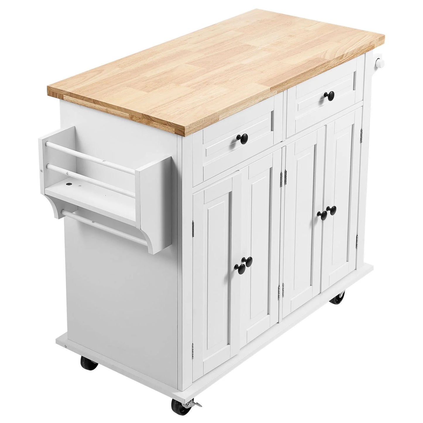 VEVOR Mobile Kitchen Island Cart with Solid Wood Top, 35.4" Width, Storage Cabinet, Spice Rack, Towel Rack, and Drawer, Portable Rolling Kitchen Table, White