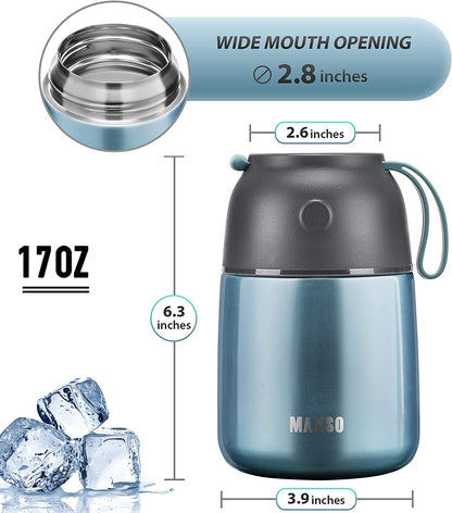 Light Blue Insulated Thermo Food Jar - 17 Oz Stainless Steel Container for Hot & Cold Meals, Perfect for Kids & Adults with Spoon Included
