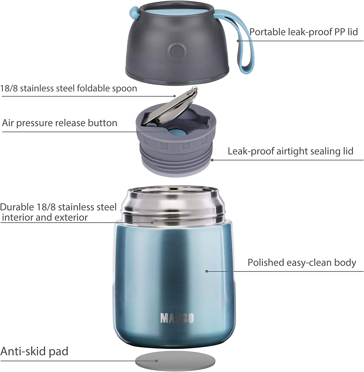 Light Blue Insulated Thermo Food Jar - 17 Oz Stainless Steel Container for Hot & Cold Meals, Perfect for Kids & Adults with Spoon Included